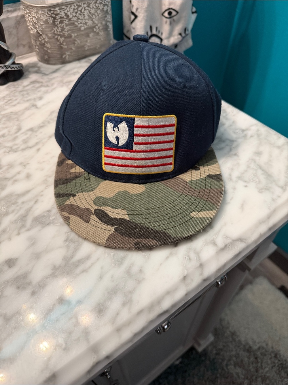 Navy Snapback Hat with Camo Brim and Flag Patch